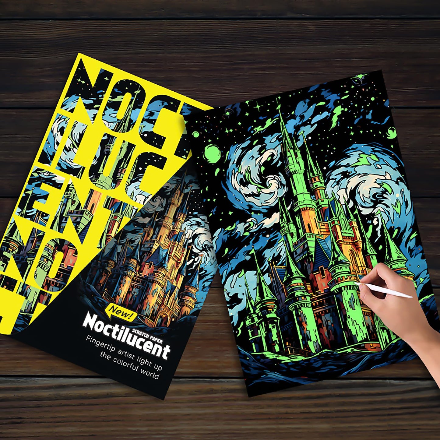 Glow in the dark Scratch Art Rainbow Painting Paper, 2 PACK Van Gogh Style Engraving Art Creative Craft Tools Set, Fun Magic DIY