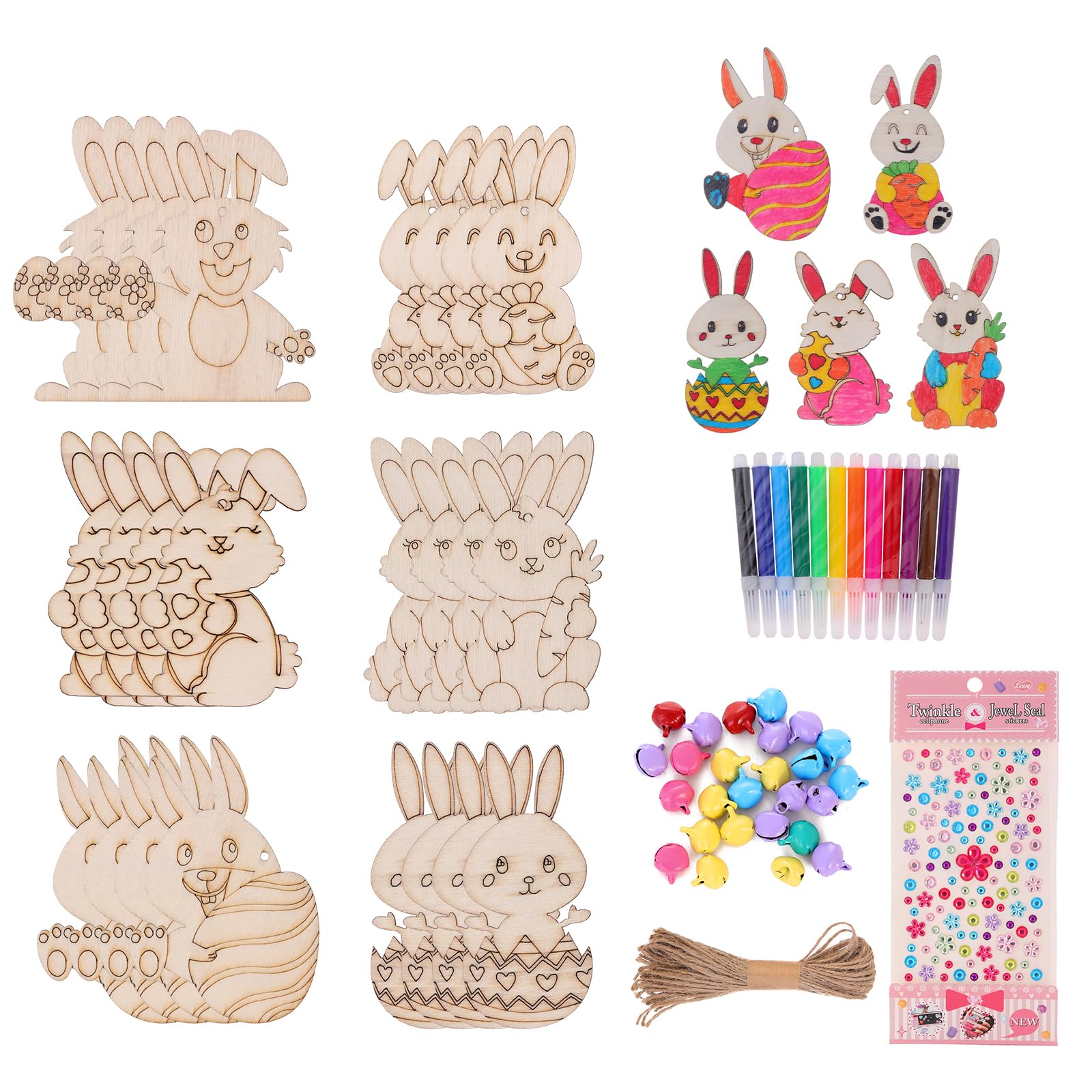 Hbell Easter Wooden Crafts Wood Ornaments Kits,Easter Wooden Rabbits Crafts Diy Bunny Hanging Set For Kids Easter Party Supplies