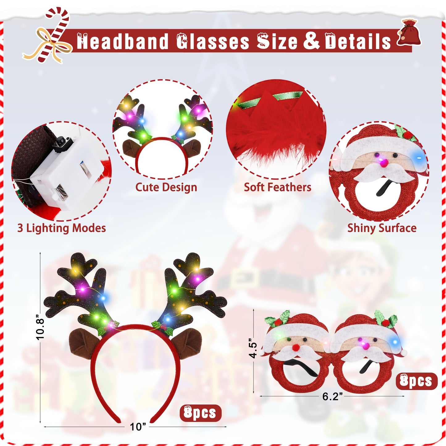 24 PCS Christmas Party Favors, Light Up Candy Cane Snowflake Tree Bulb Necklace LED Headwear Glow Eyeglasses Set for Bulk Xmas G