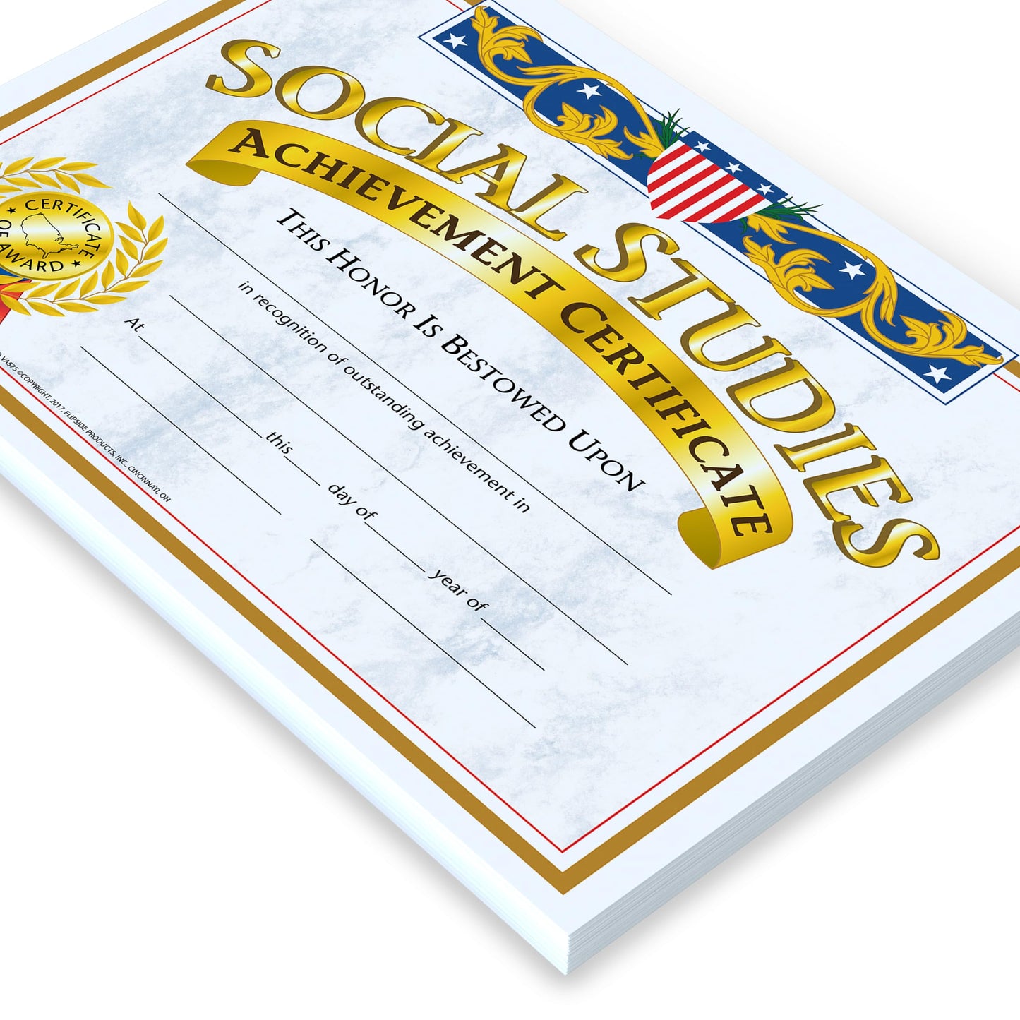 Hayes Social Studies Achievement Certificates, Gold-Bordered Awards With Light Blue Marbled Design, Customizable Award For Students, Full-Color Glossy Design, 8.5' X 11' - 30 Pack