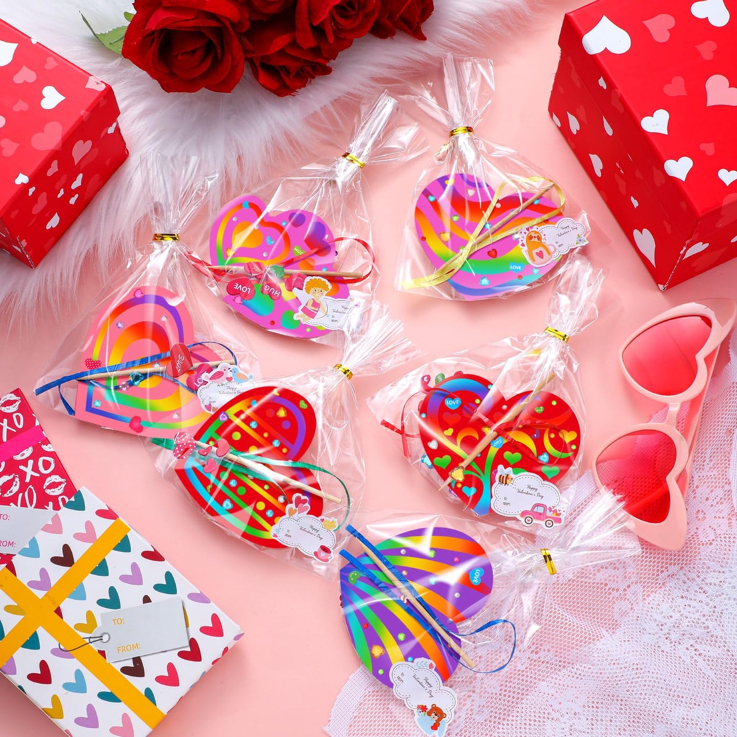 Kolldenn 96 Pcs Valentines Day Scratch Paper Ornaments Heart Scratch Off Cards Ornament Rainbow Art DIY Scratch Off Paper for K