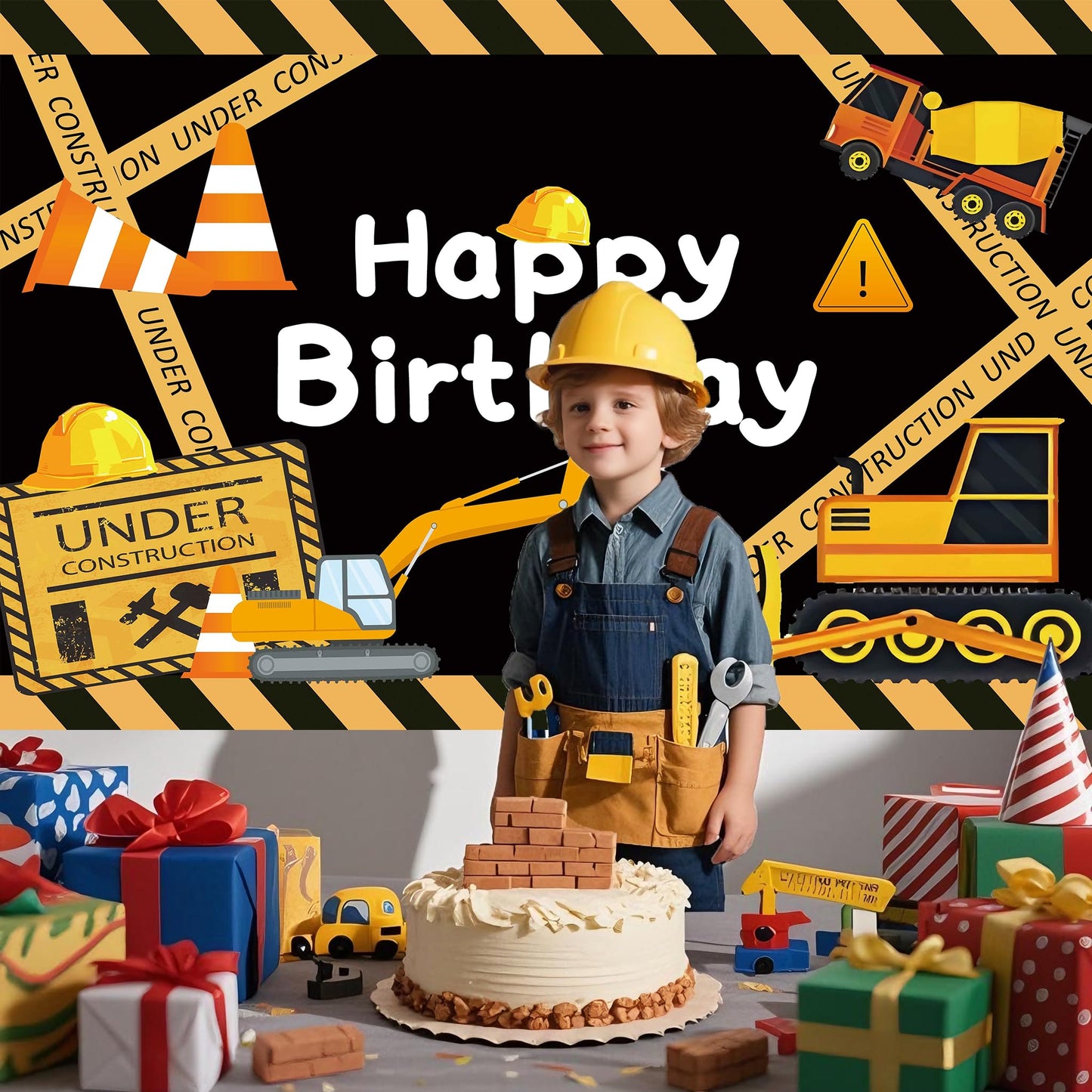 Cute Construction Birthday Party Backdrop Under Construction Happy Birthday Banner Excavator Bulldozer Cement Mixer Photography