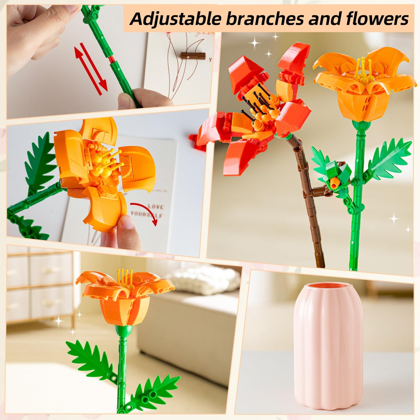 Sawaruita Botanical Building Blocks - Wildflower Bouquet with Vase, Plastic, Model 9094/8856/9095, Perfect for Home & Office Decor