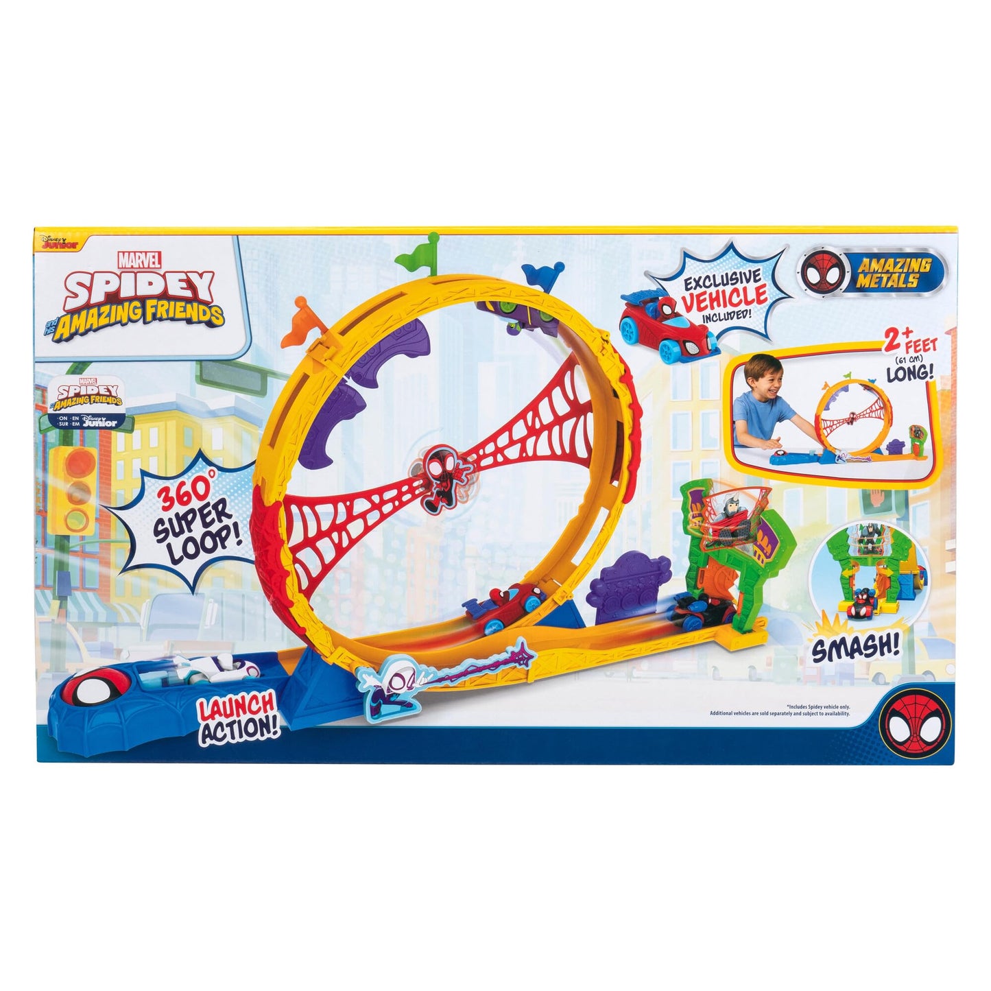 MARVEL Spidey and His Amazing Friends Amazing Metals Super Loop Track Set - 28-Inch Race Track with Launcher, 360 Degree Super L