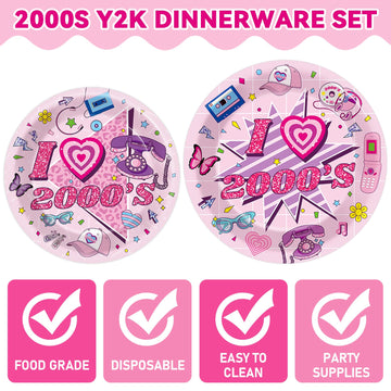 Qyeahkj 100Pcs 2000S Party Supplies Pink Y2K Party Paper Plates And Napkins Disposable 2000S Theme Party Tableware Dinnerware Se