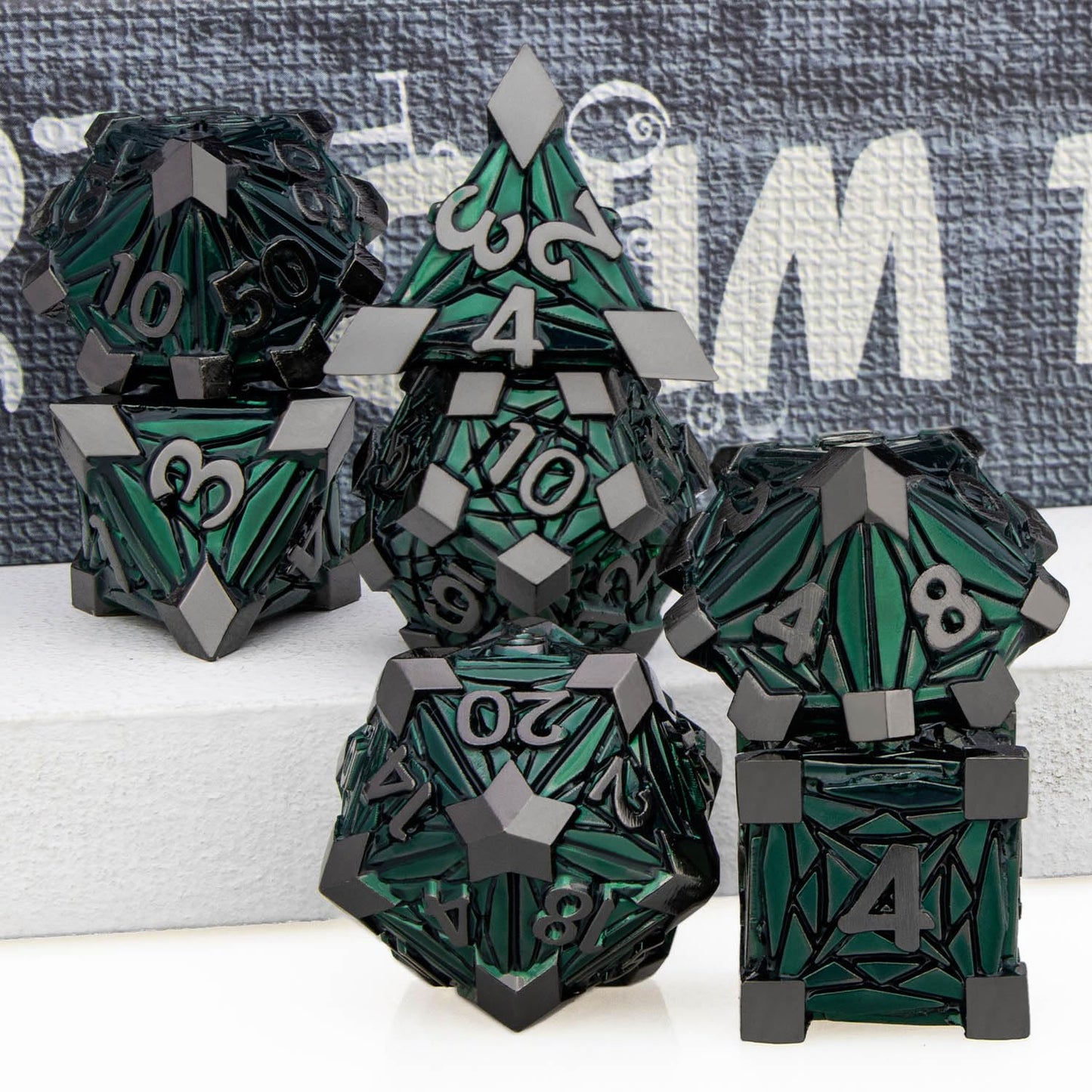 ORIFANTOU 7PCS Metal DND Dice Set Green D&D Dice with Box, Debris RPG D and D Dice Dungeons and Dragons Role Playing Game Polyhe