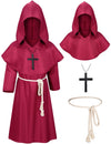 Kids Medieval Renaissance Monk Costume Priest Friar Wizard Cloak Hooded Robe Cosplay Costume Belt Necklace Set(Rd 110)