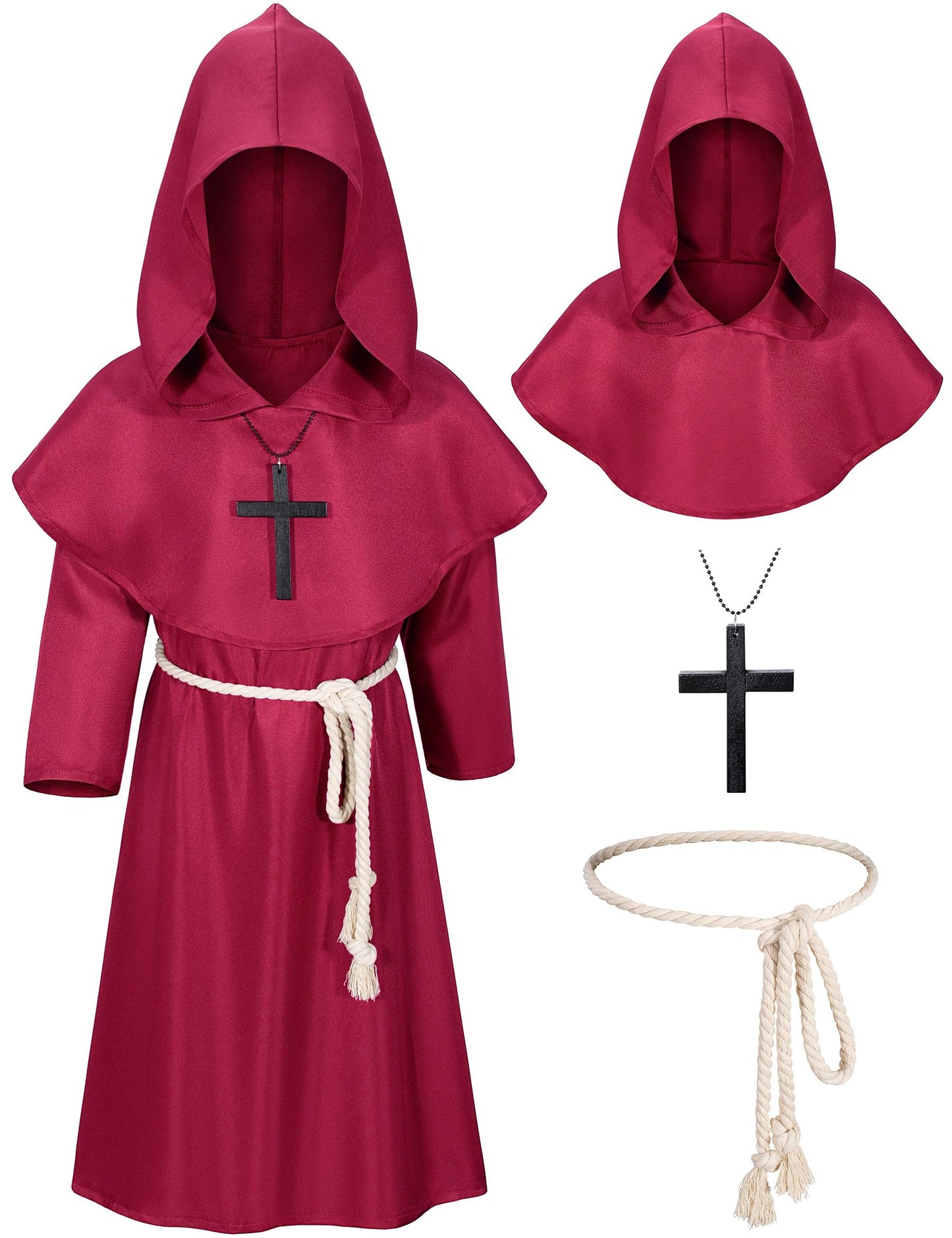 Kids Medieval Renaissance Monk Costume Priest Friar Wizard Cloak Hooded Robe Cosplay Costume Belt Necklace Set(Rd 110)