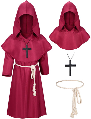 Kids Medieval Renaissance Monk Costume Priest Friar Wizard Cloak Hooded Robe Cosplay Costume Belt Necklace Set(Rd 150)