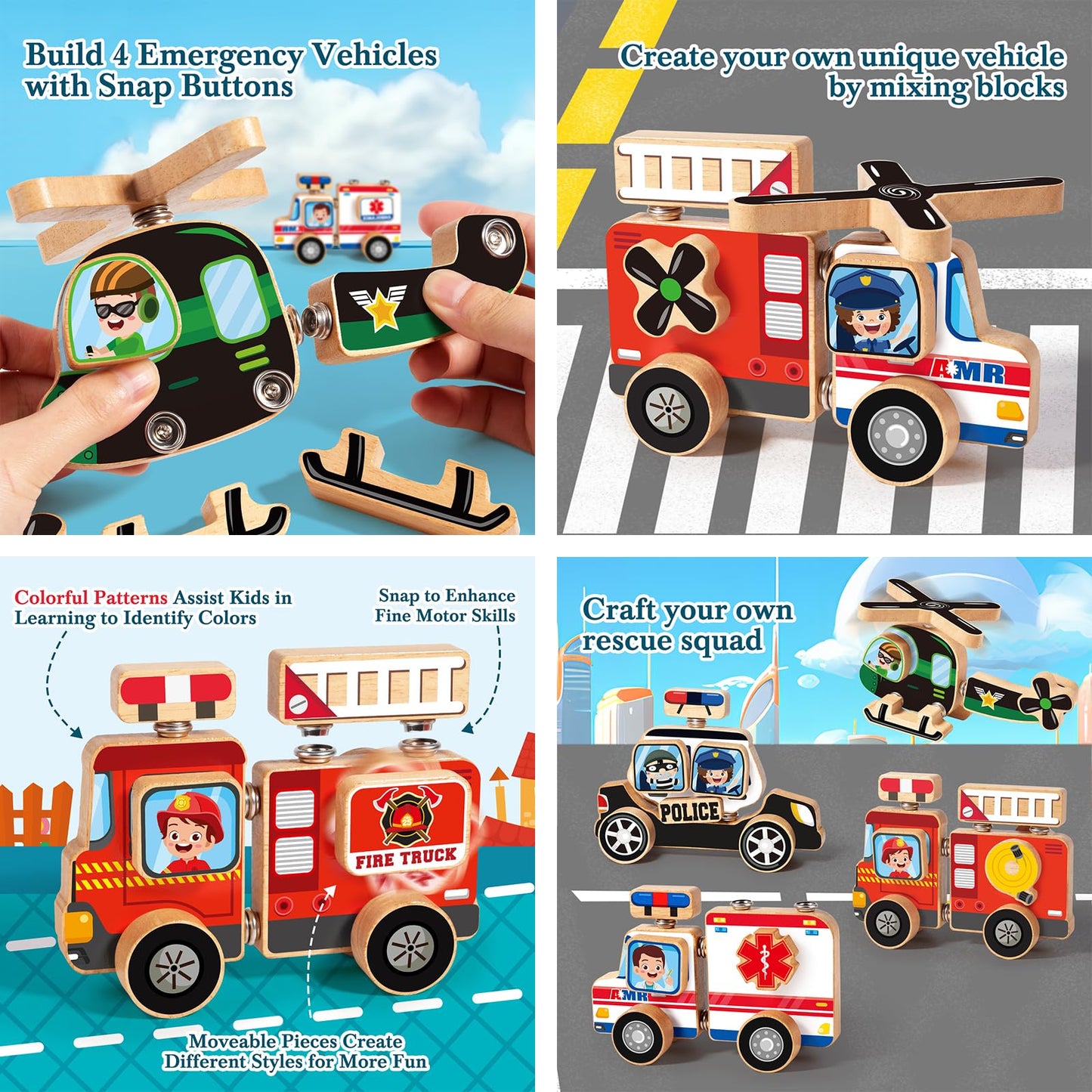 Huzu Emergency Vehicles 3D Puzzle Toy, Rescue Squad Wooden Snap Button Connection Building Blocks For Kids 3-8, Fire Truck Ambul