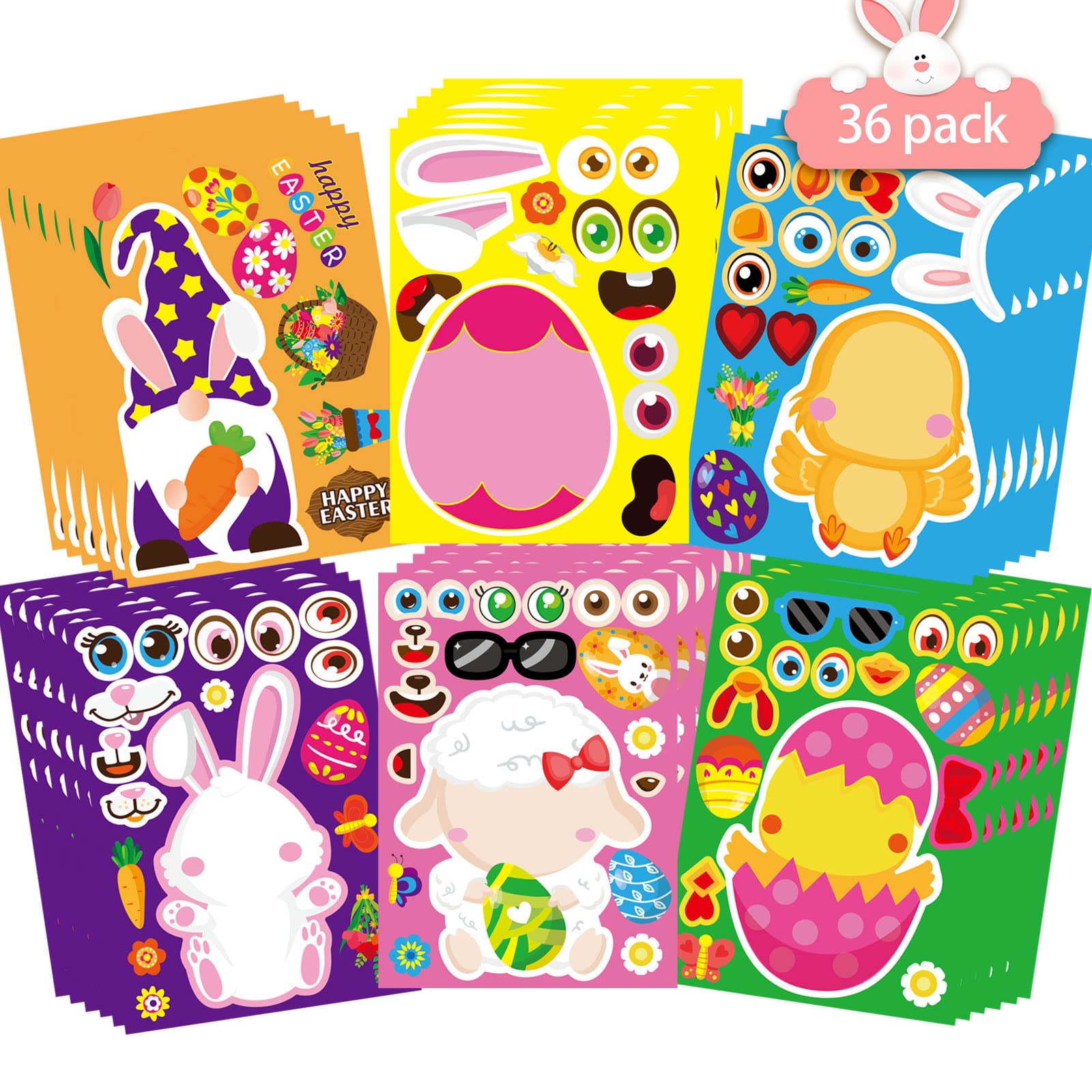 36 Sheet Easter Stickers For Kids,Easter Basket Stuffers,Make A Face Easter Stickers With Easter Animal Egg Themed,Make Your Own