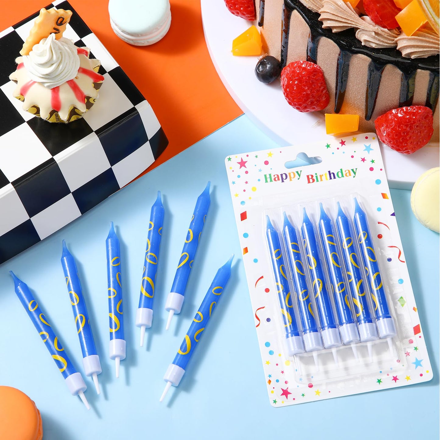 Conelist 12 Pcs Blue with Gold Ring Print Themed Birthday Candles Blue Golden Cartoon Characters Candle Cake Topper for Boys Gir