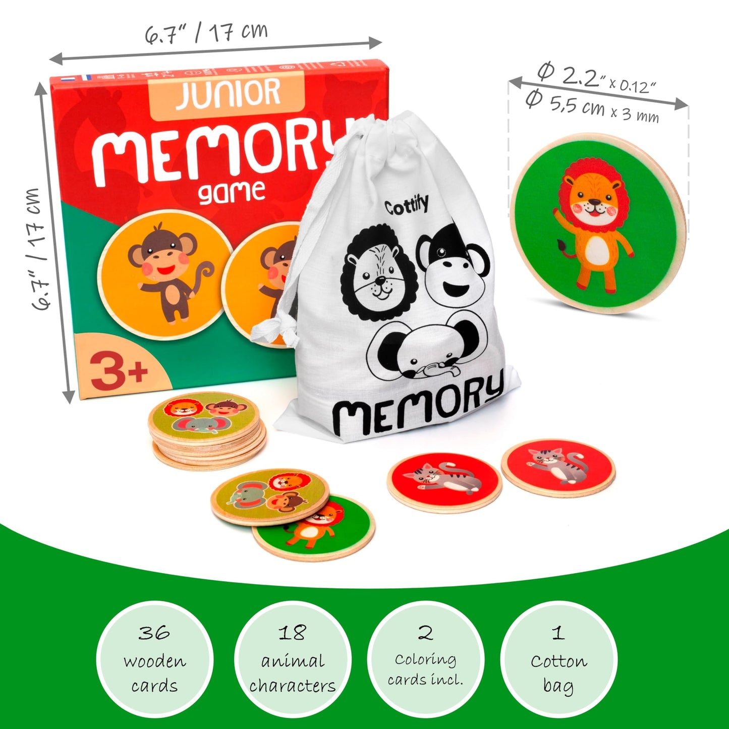 Montessori-Inspired Wooden Matching Game For Toddlers 2-4 Years - Durable, Scratch-Resistant 36 Card Set, Includes Carry Bag - M