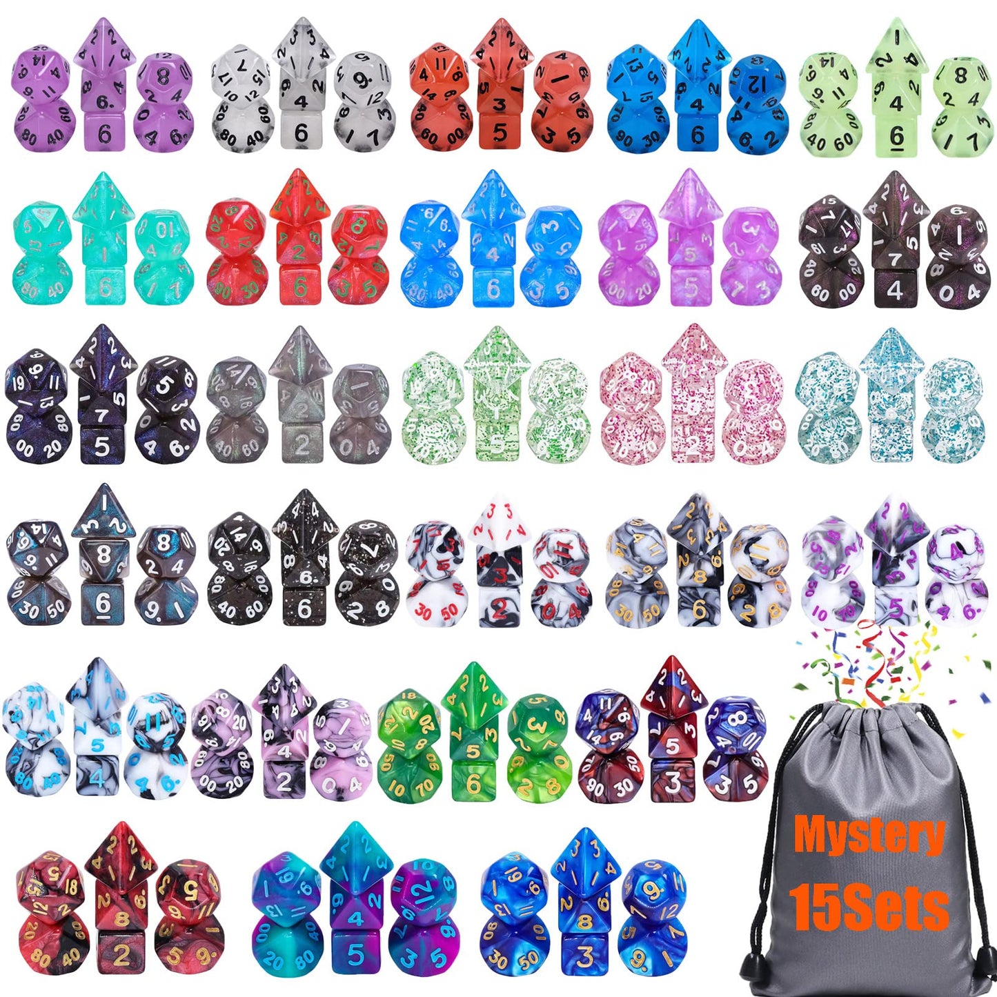 15 Sets Random Assortment Polyhedral RPG Mini Dice (105pcs),Surprise Mystery Mini Dice Set,10mm Mini DND Magic The Gathering Dic