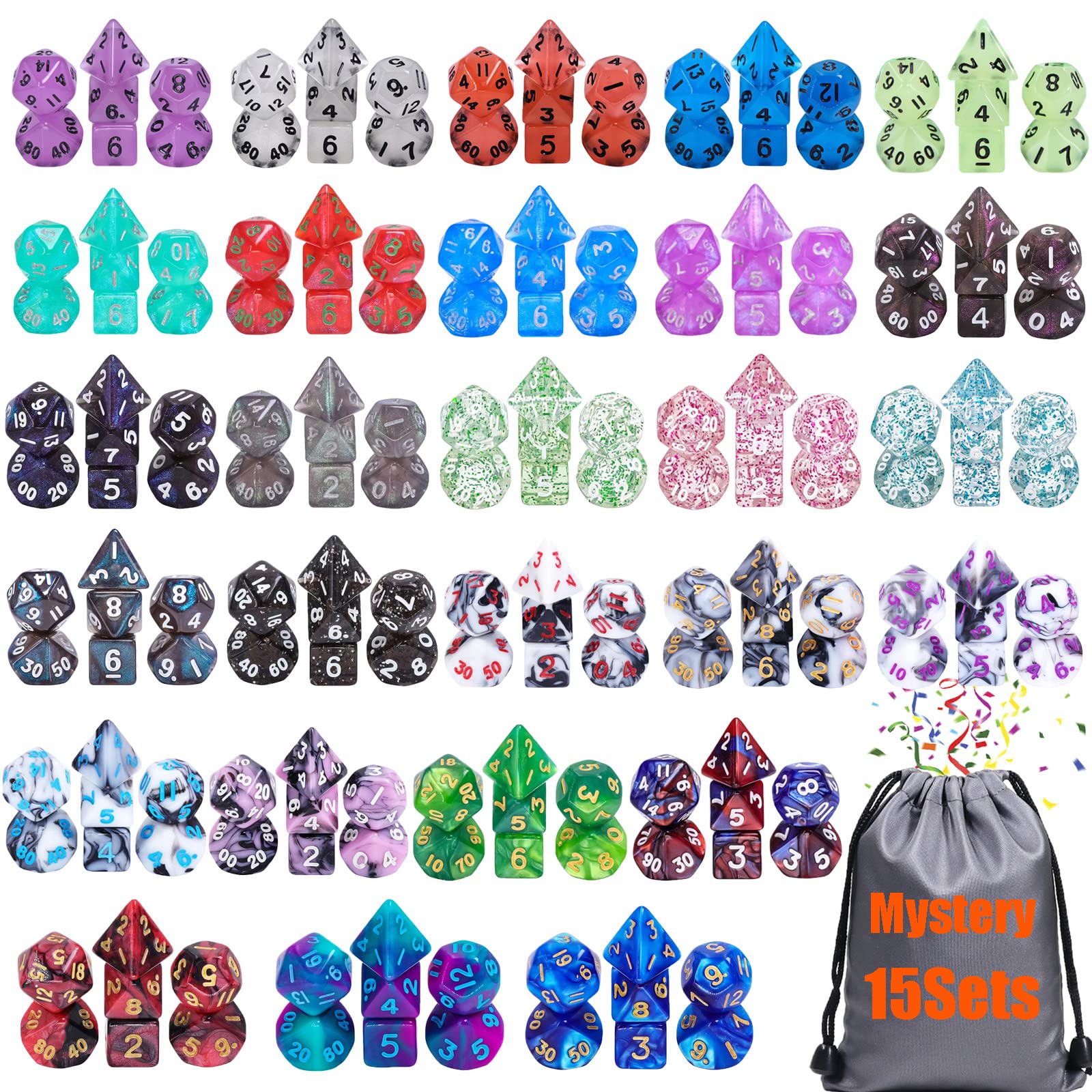 15 Sets Random Assortment Polyhedral RPG Mini Dice (105pcs),Surprise Mystery Mini Dice Set,10mm Mini DND Magic The Gathering Dic
