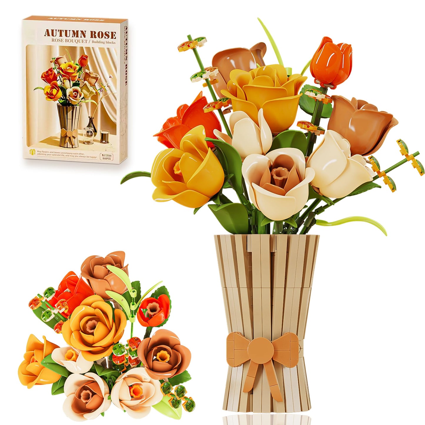 Chanbrick Roses Building Set Flowers Bouquet With Vase Botanical Collection For Adults -868Pcs
