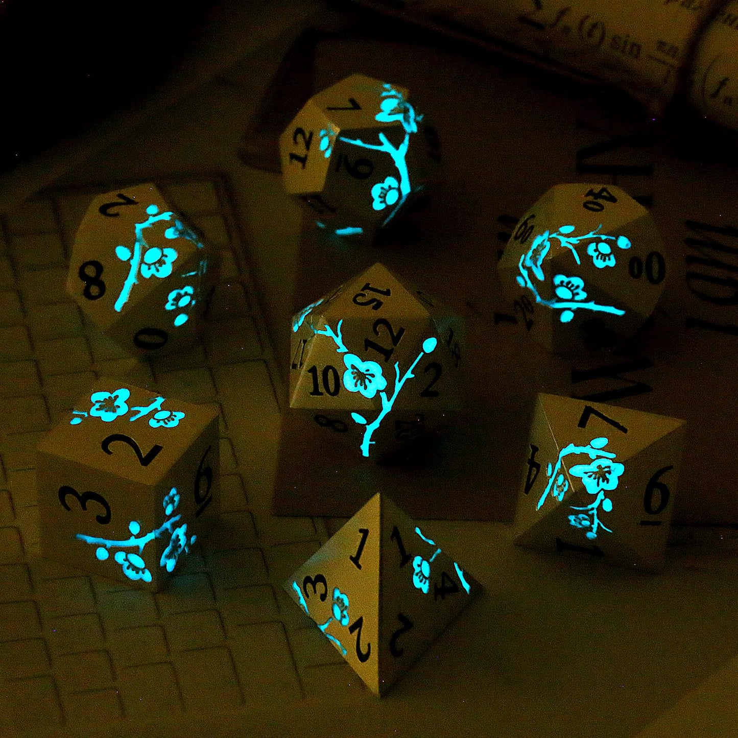 Glow in The Dark Flower Metal Dice, DNDND 7 PCS Blue Metallic D&D Dice Set with Grogeous Gift Case for Dungeons and Dragon Table