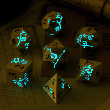 Glow in The Dark Flower Metal Dice, DNDND 7 PCS Blue Metallic D&D Dice Set with Grogeous Gift Case for Dungeons and Dragon Table