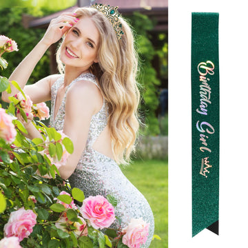 Velscrun Birthday Crown For Girls, Birthday Girl Sash, Birthday Girl Tiara, Green Tiaras For Girls, Birthday Sash For Girls, Bir
