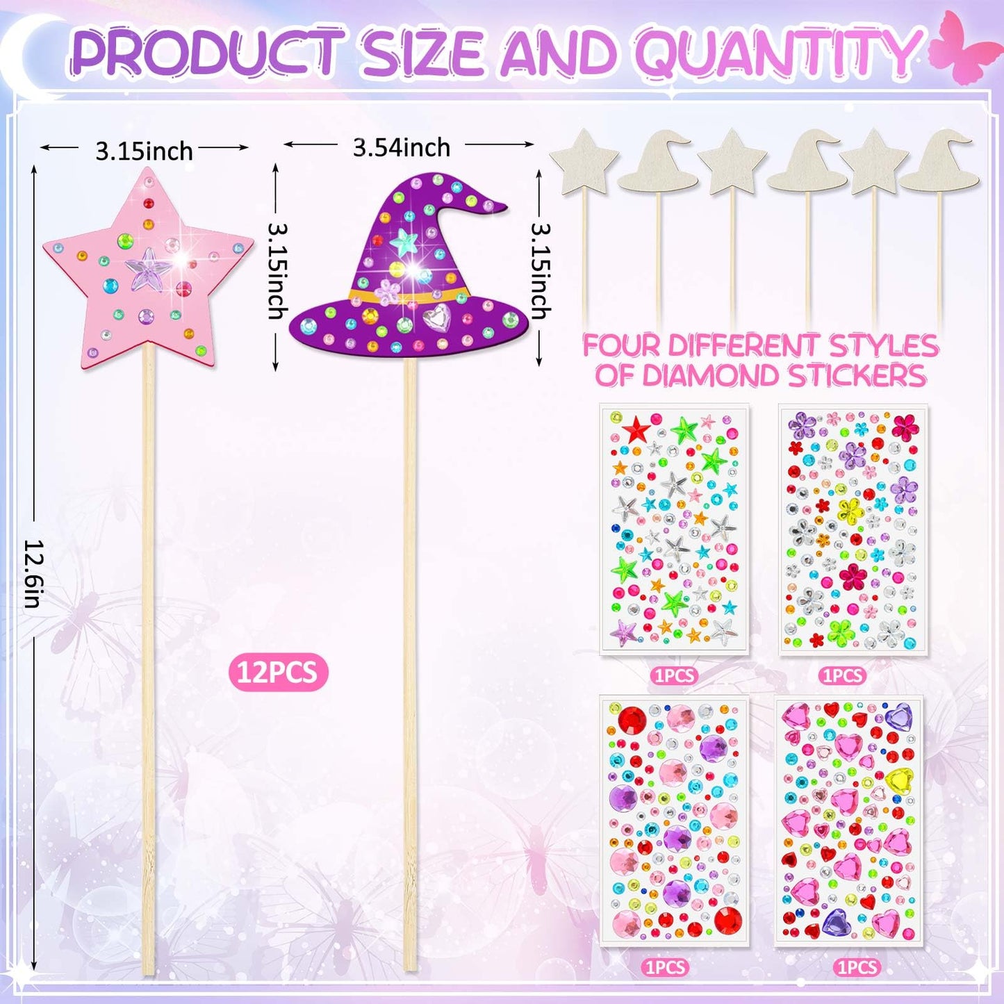 Juexica 12 Pcs Fairy Wands Kit Including 6 Unfinished Wood Star Wands, 6 Broom Sticks and 4 Sheets Gem Stickers for Witch and Pr