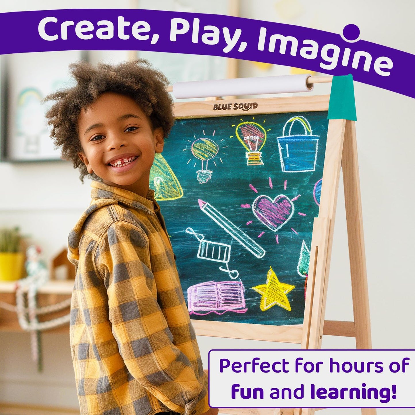 Blue Squid Art Easel for Kids Including 100+ Accessories - Double Sided Adjustable Wooden Painting Easel with Magnetic Chalk Boa