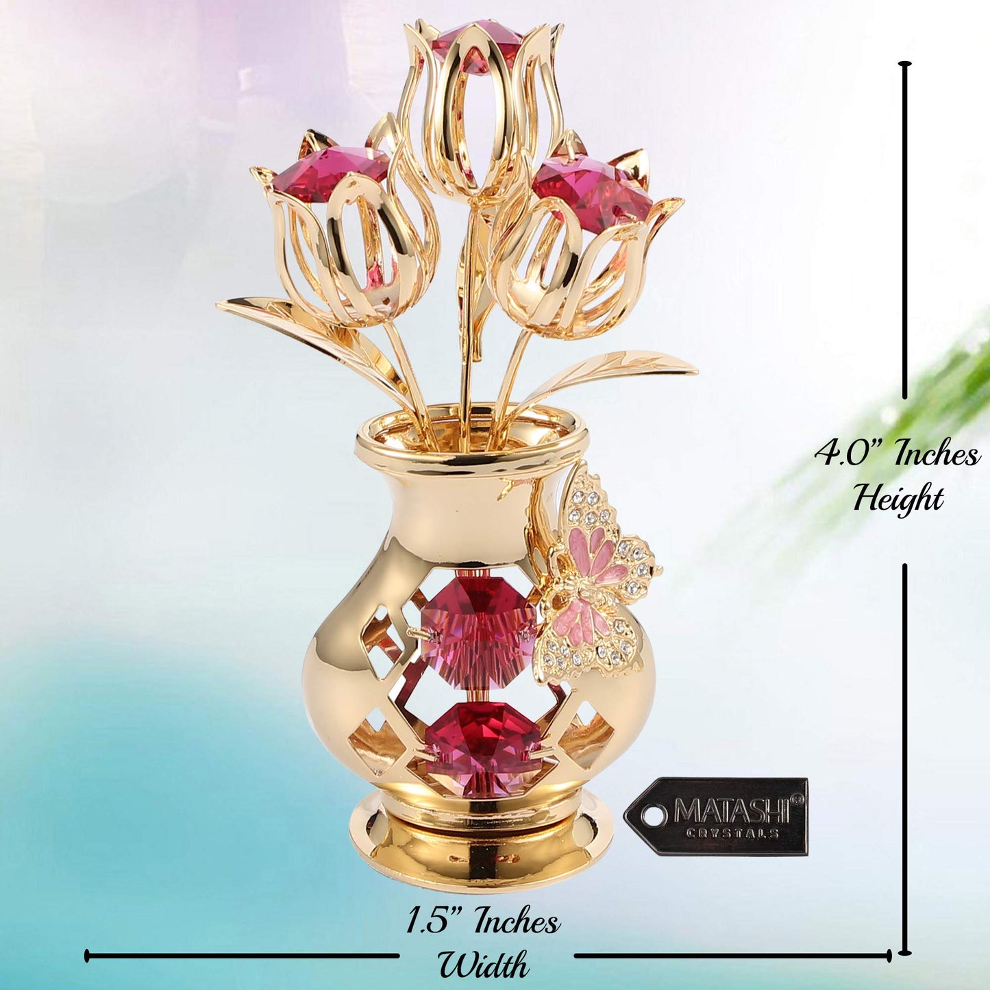 Matashi Valentine'S Day Gift For Women, Mom - Flower Bouquet Vase With Decorative Butterfly 24K Gold Plated Red Crystal Tabletop Ornament For Her, Wife, Daughter, Grandma