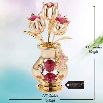 Matashi Valentine'S Day Gift For Women, Mom - Flower Bouquet Vase With Decorative Butterfly 24K Gold Plated Red Crystal Tabletop Ornament For Her, Wife, Daughter, Grandma