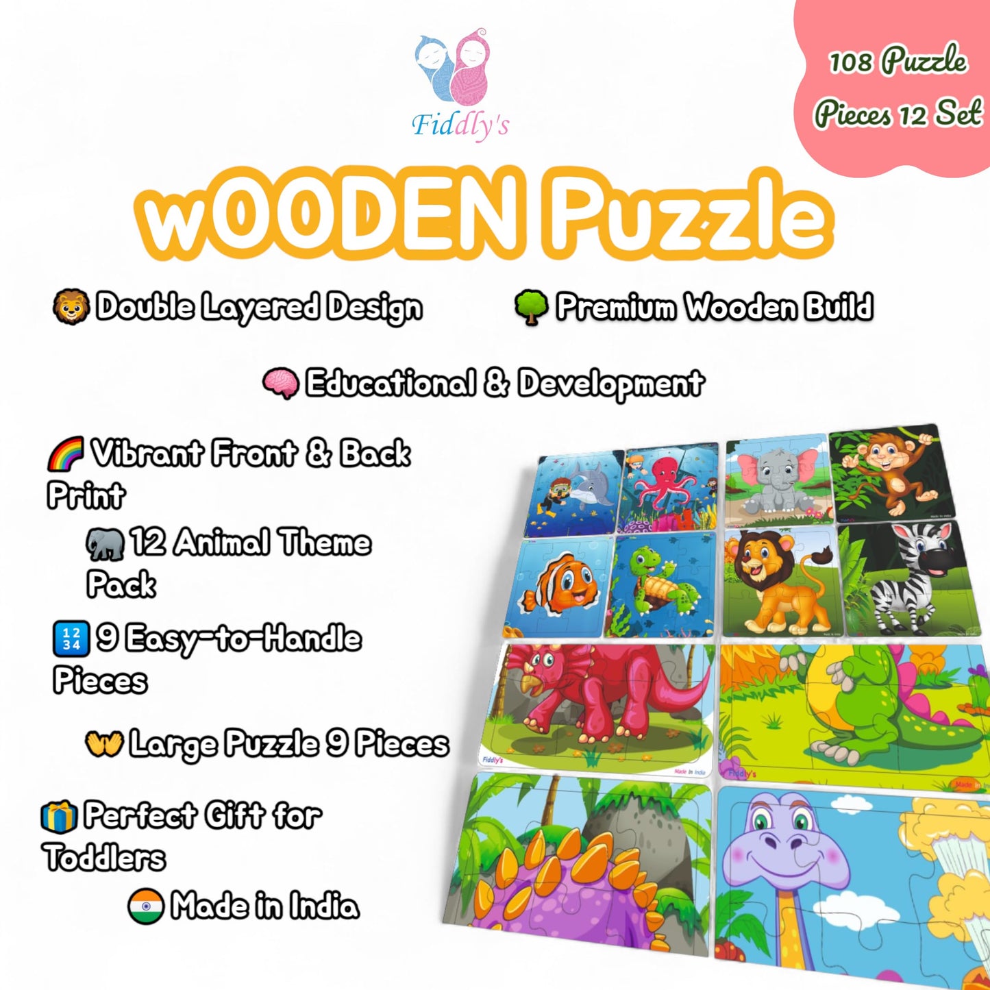 Fiddlys Fiddly s Wood Jigsaw Puzzles for Kids & Children - 9 Pieces (Pack of 12 - Animals+Dinos+Sea) Age 3+