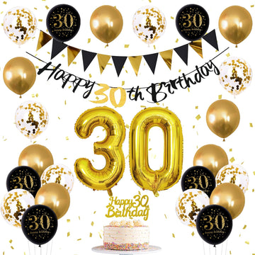 Jobkoo 30Th Birthday Decorations For Him, Black Golden 30Th Birthday Party Decor Men Women Happy 30Th Birthday Balloons Black 30