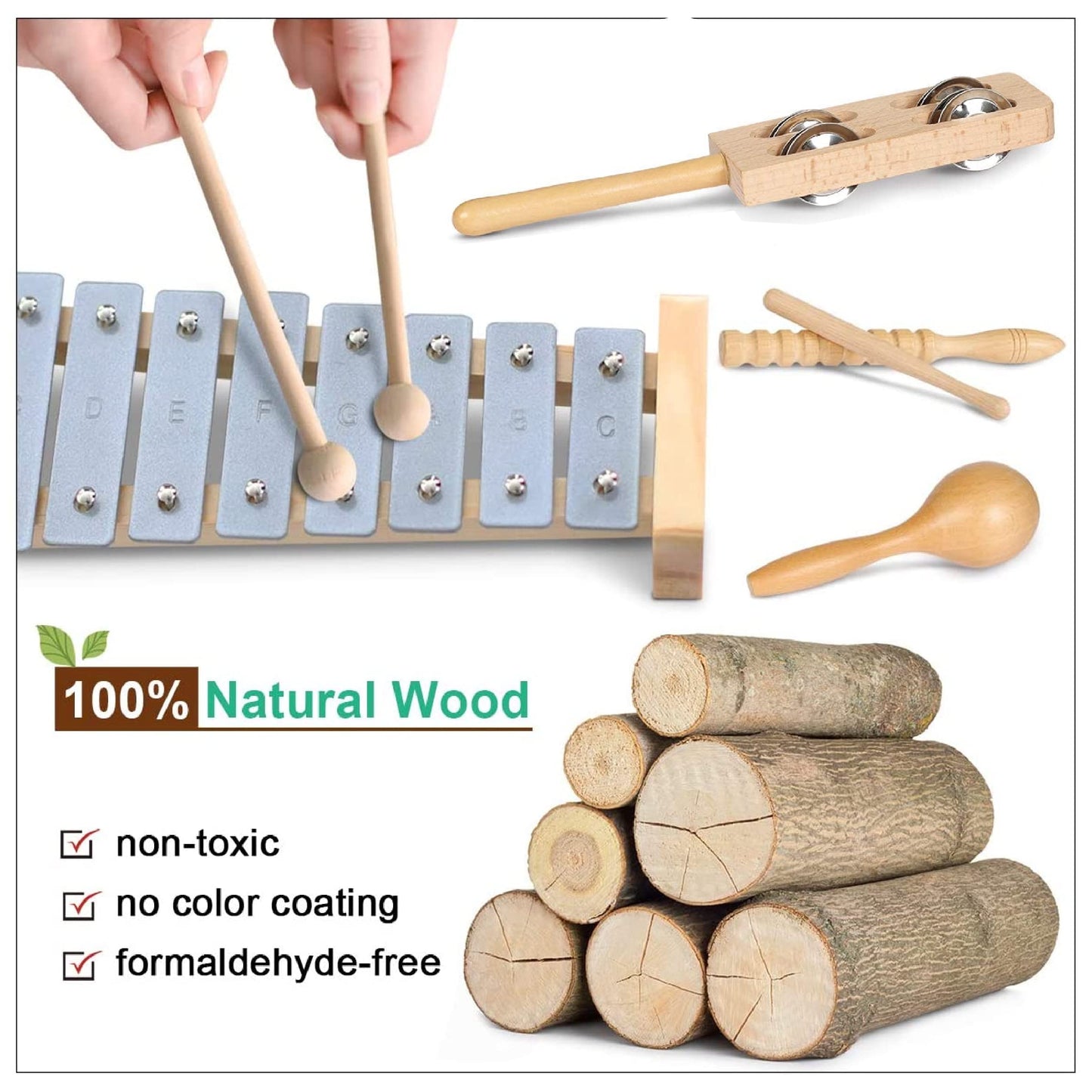 LOOIKOOS Wooden Toddler Musical Instruments Set, Eco-Friendly, 9" Percussion Toys for Kids, Natural Wood Color, Includes Storage Bag