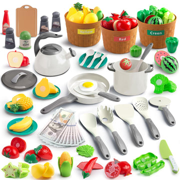 JokerKing 90Pcs Kitchen Playset Accessories, Pretend Cooking with Pots, Pans, Cookware, Food, Fruit, Veges, Color Sorting Basket