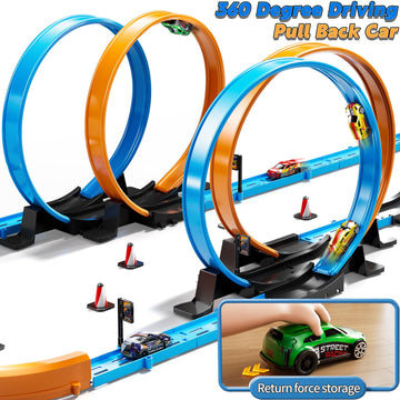 Lilybuds Toy Car Track Set For Boys Kids Age 3-5 4-7 8-12, Long Race Tracks With 4 Action Loops And 4 High-Speed Slot Cars, 35+