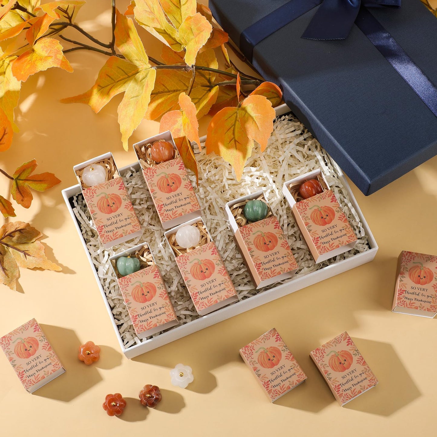 LemonRoad 10 Sets Happy Thanksgiving Gifts Crystal Pumpkin with Maple Leaves Gift Box Positive Fall Decor for Thanksgiving Party