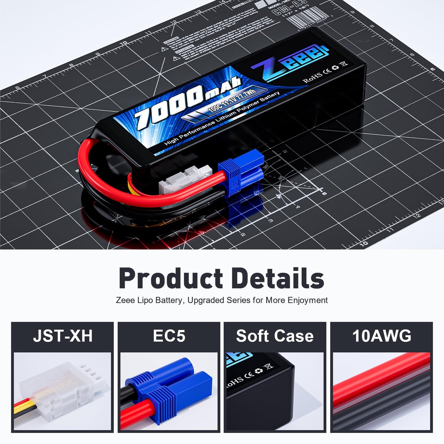 Zeee 3S Lipo Battery 7000mAh 11.1V 100C RC Batteries EC5 Connector Soft Case with Metal Plates for RC Car Truck Tank Racing Mode