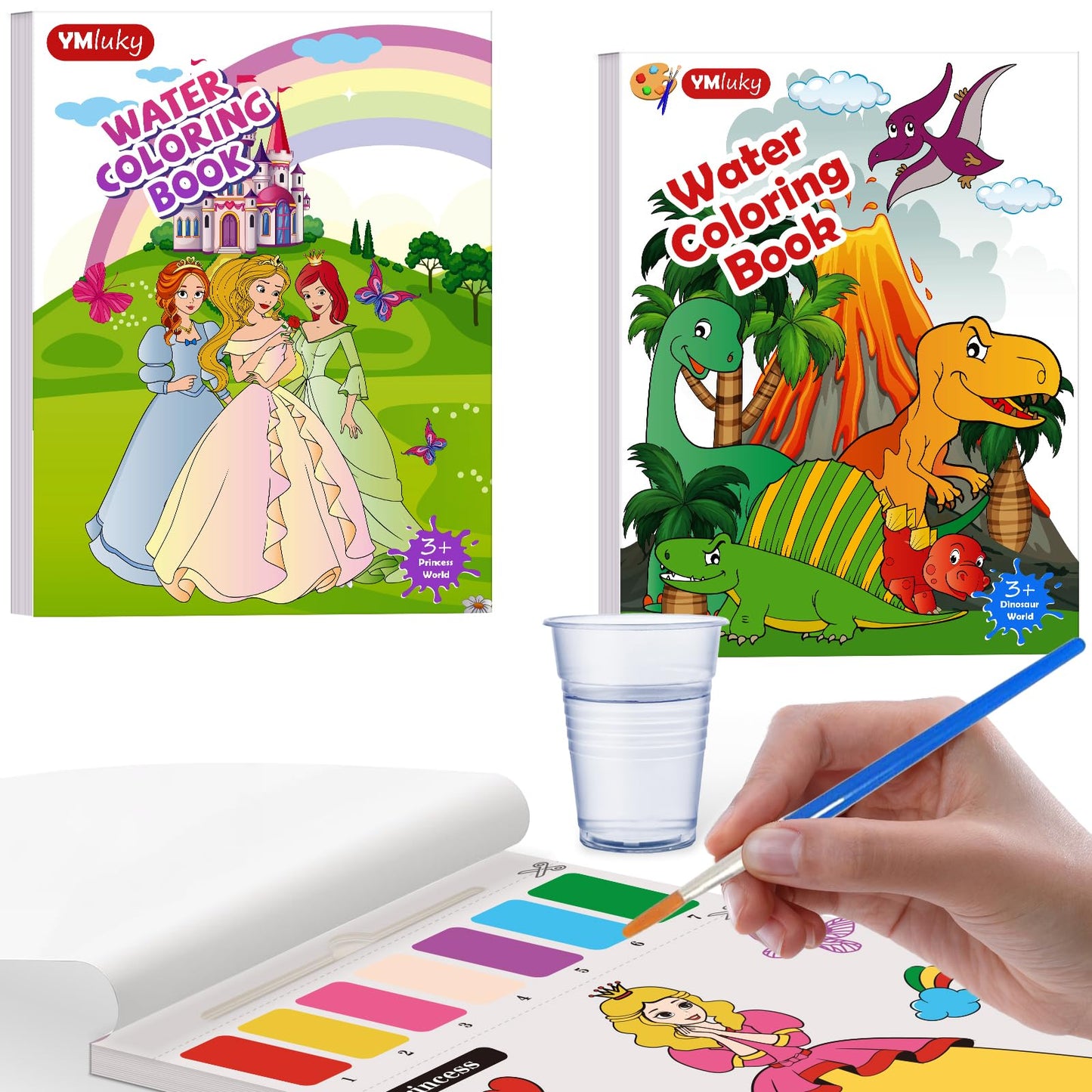 YMluky Water Color Paint Sets for Kids, 2 Coloring Books, No Mess Painting for Toddlers Activities,Magic Paint Set with 2 Brush,