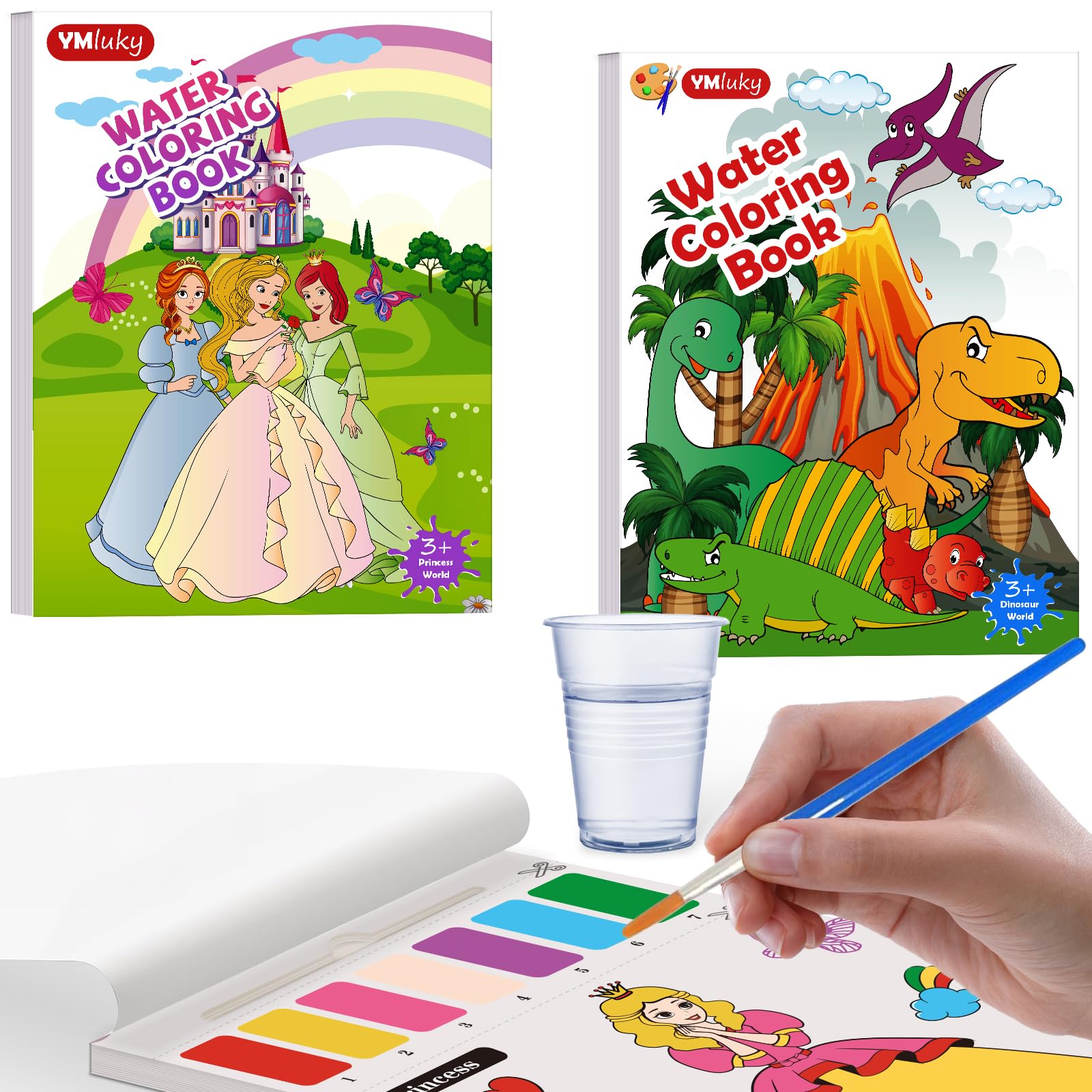 YMluky Water Color Paint Sets for Kids, 2 Coloring Books, No Mess Painting for Toddlers Activities,Magic Paint Set with 2 Brush,