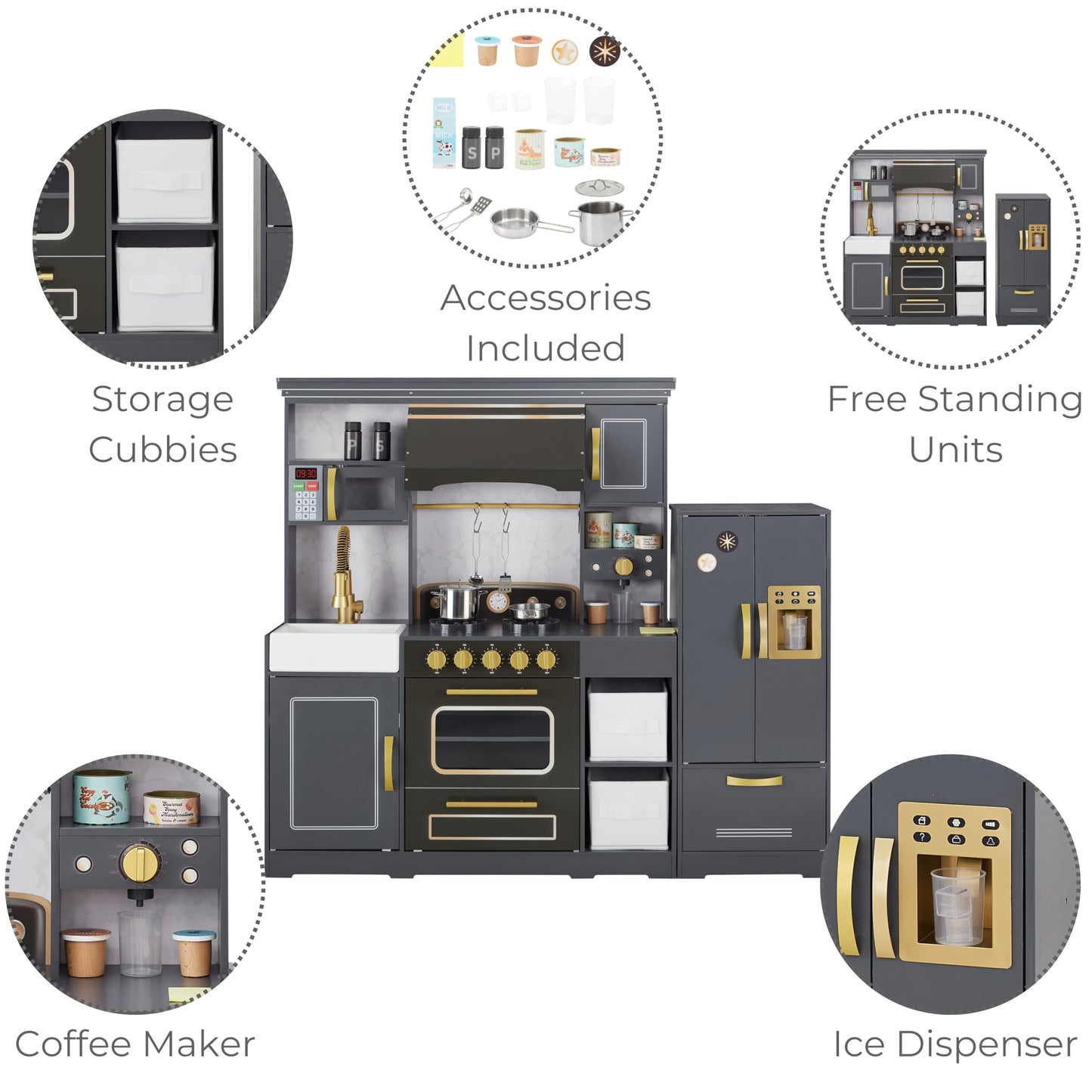 Teamson Kids Little Chef Colonie Play Kitchen Set with Ice Dispenser and Accessories, Gray