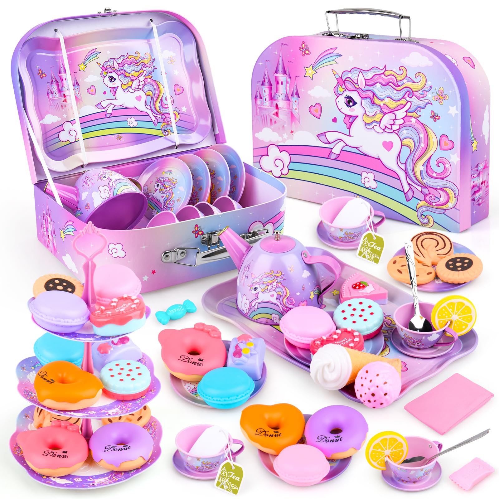 Auney Tea Set Toys for Girls 36pcs, Unicorn Tea Party Toy Pretend Play for Little Girls, Girls Toys for Tea Time Toy Gifts for G