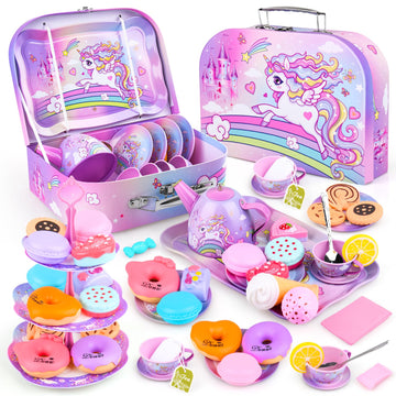 Auney Tea Set Toys for Girls 36pcs, Unicorn Tea Party Toy Pretend Play for Little Girls, Girls Toys for Tea Time Toy Gifts for G