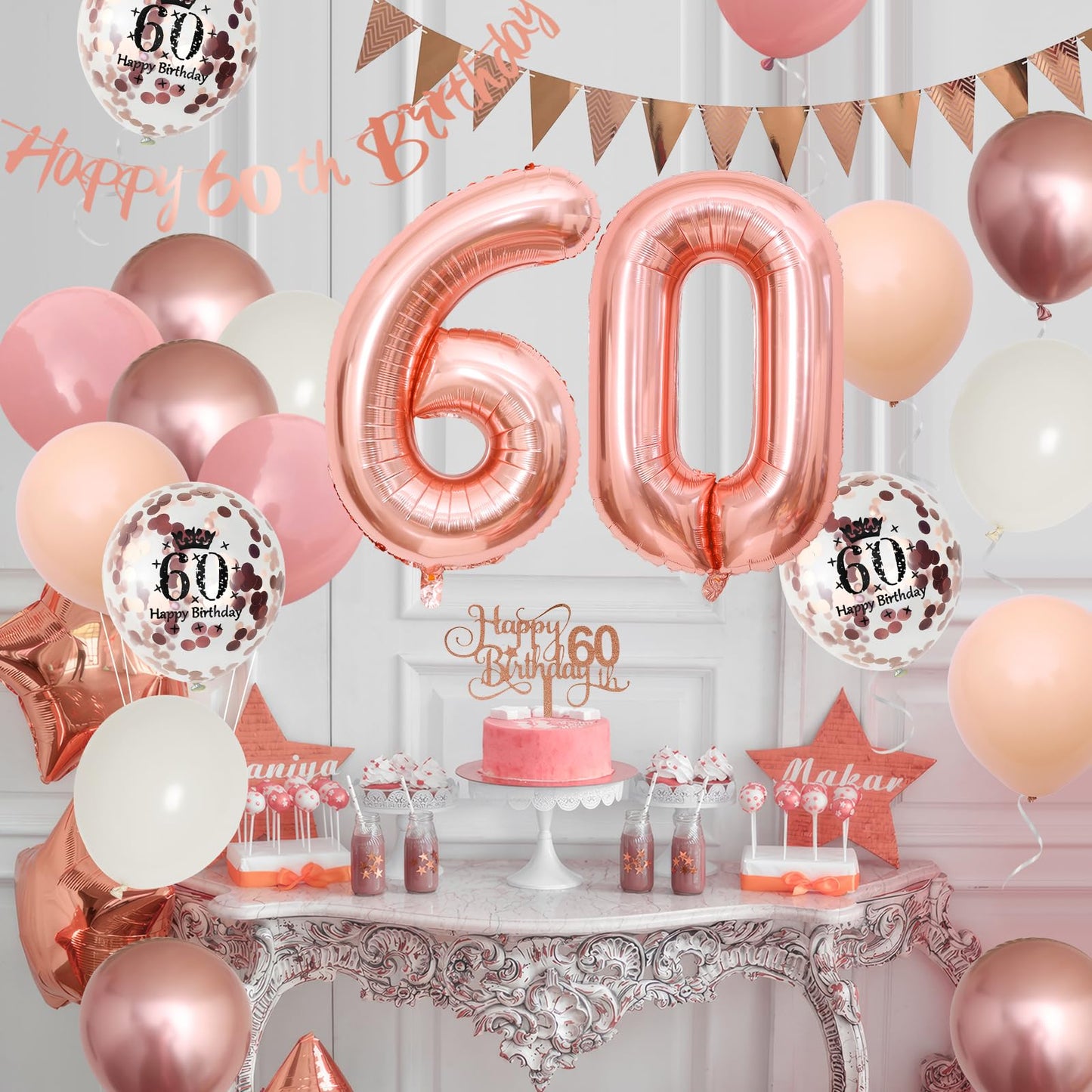 60Th Birthday Decorations Retro Pink Rose Gold,60Th Birthday Balloons,Happy 60Th Birthday Banner With Cake Toppers Rose Gold Num