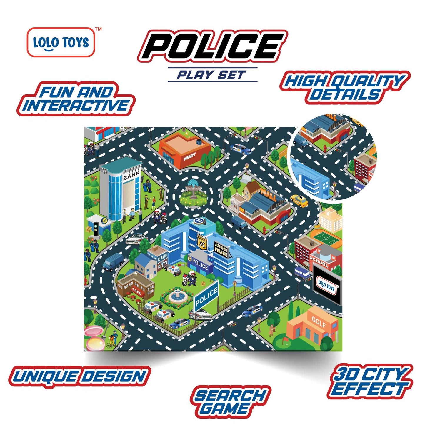 Lolo Toys Police Toys And Road Play Mat Set For Boys And Girls – 20 Piece Set With 4 Small Toy Police Car Metal Diecast Vehicles, Police Costume With Hat And Search Game- Kids Police Gear