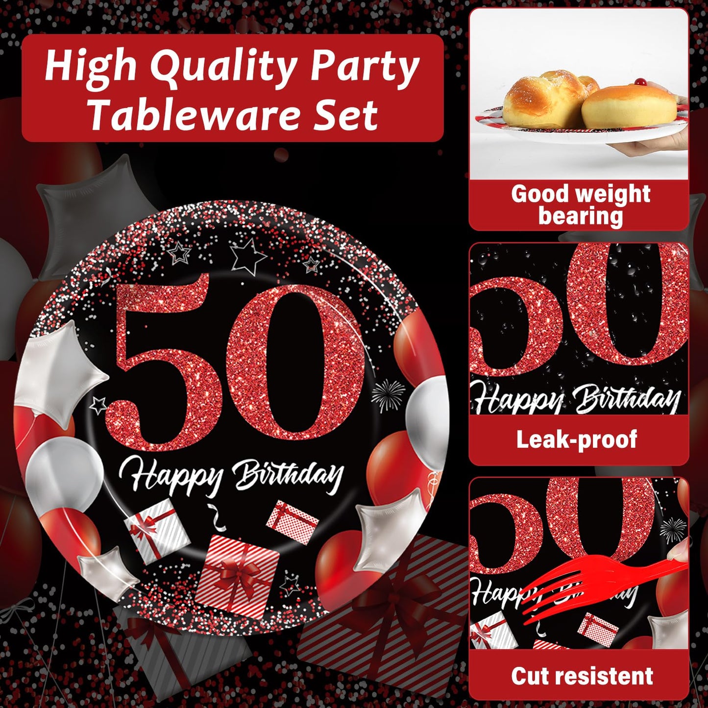 96 Pcs 50th Birthday Plates and Napkins Party Supplies 50 Years Old Birthday Party Tableware Set Red Black Dinner Dessert Plates