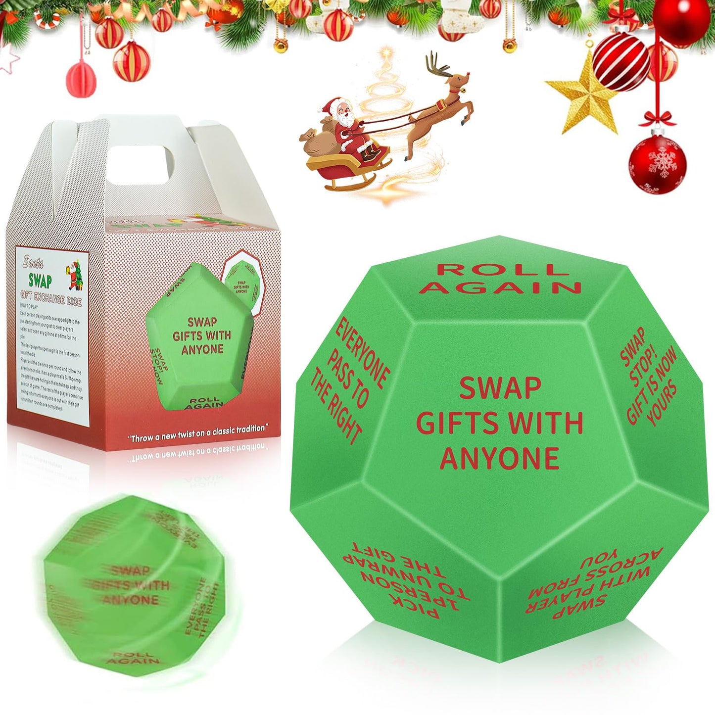 Santa Swap Gift Exchange Dice, 3 * 3in Exchange Gifts Dice Family Game, Christmas Party Gift Exchange Dice Game for Boys and Gir