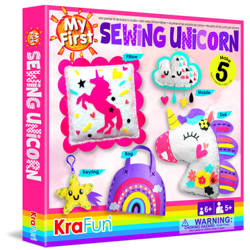 Krafun My First Unicorn Kids Sewing Kit, Beginner Arts & Crafts, Make 5 Cute Projects With Plush Stuffed Animal, Pillow, Mobile, Keyring And Bag, Instructions & Felt For Learn Sewing, Embroidery