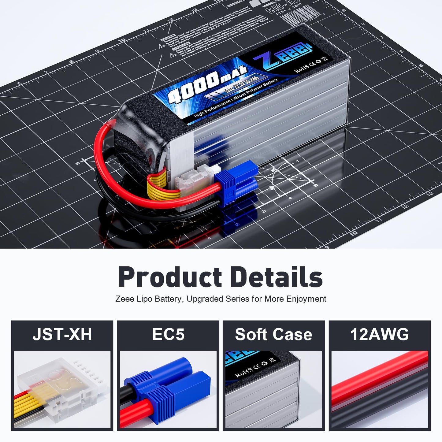 Zeee 6S Lipo Battery 4000mAh 22.2V 100C with EC5 Connector Soft Pack Battery for RC Airplane Helicopter RC Car Truck Tank Drone