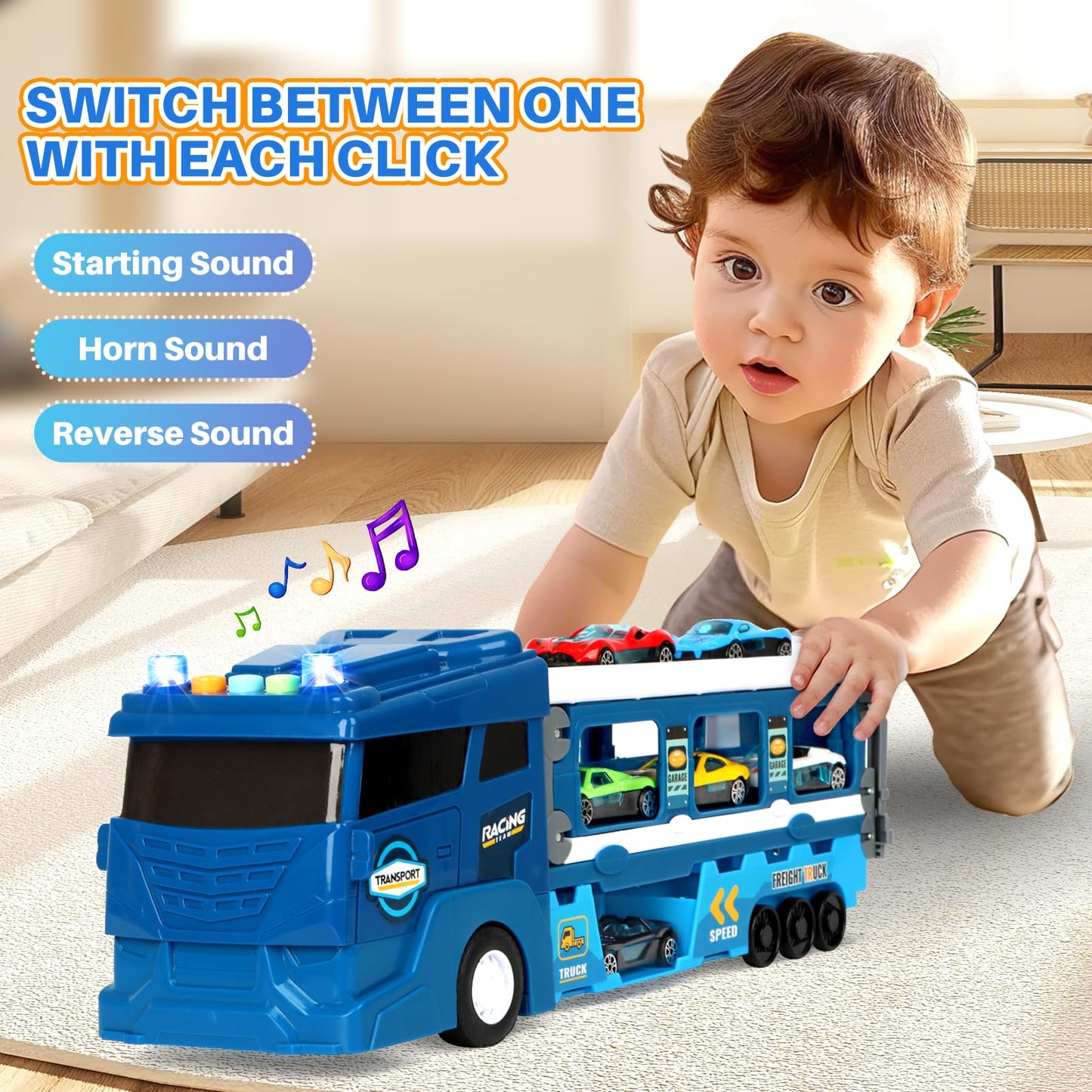 ITEFDTUTNE Carrier Truck Race Car Track Set for Toddlers Toys, 4 FT Race Track and 6 Die-Cast Toy Cars, Truck Toy with Lights &