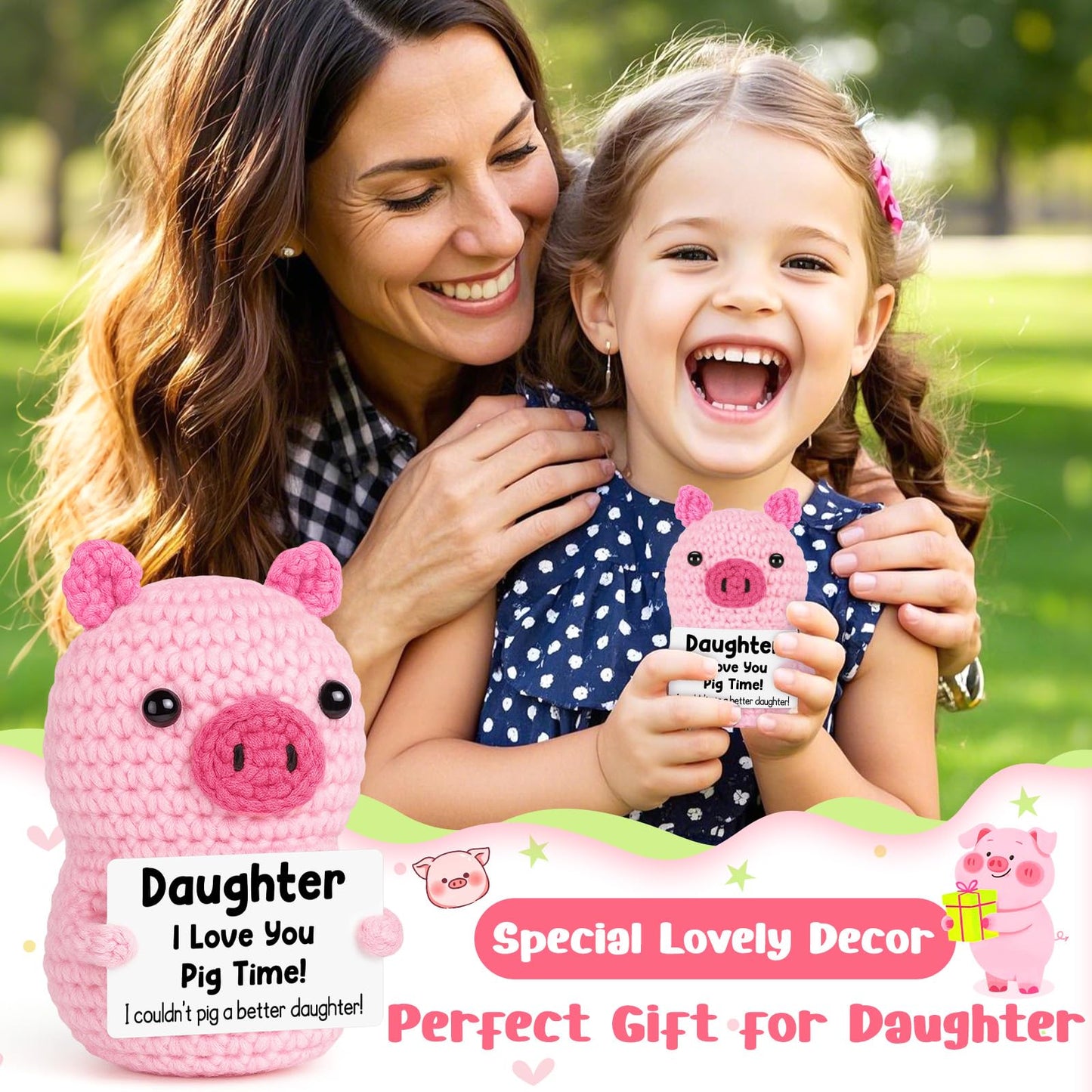Funny Positive Pig Gifts for Daughter Birthday Christmas  Handmade Crochet Emotional Inspirational Pink Pig for Daughter Teens mature-themed  Daughter Gifts for Birthday Graduation Christmas Cute Decor