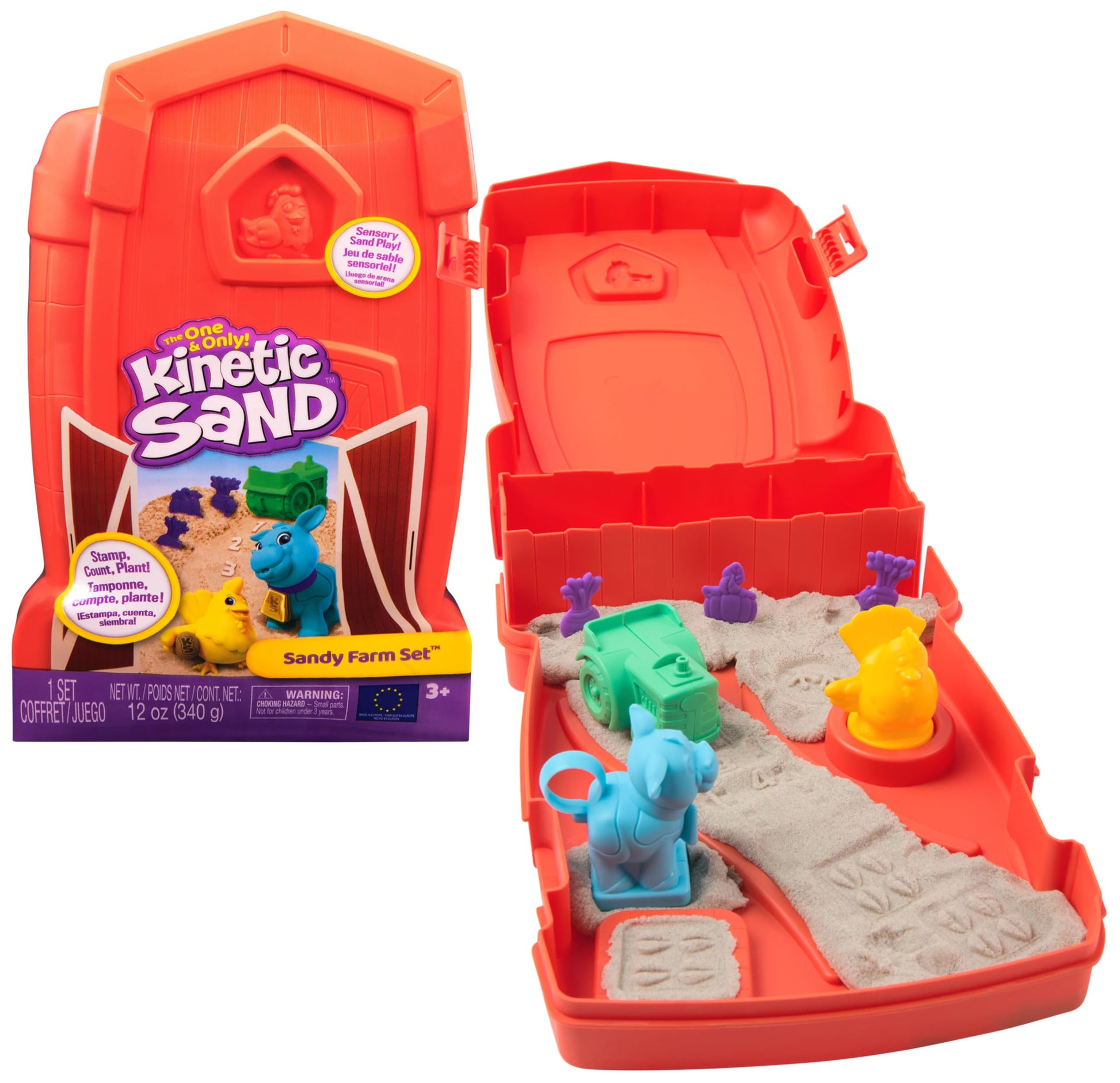 Kinetic Sand, Sandy Farm Set with 12oz Play Sand, 6 Tools & Molds, Reusable Barn Storage Case, Toddler Toys, Kids Toys for Girls