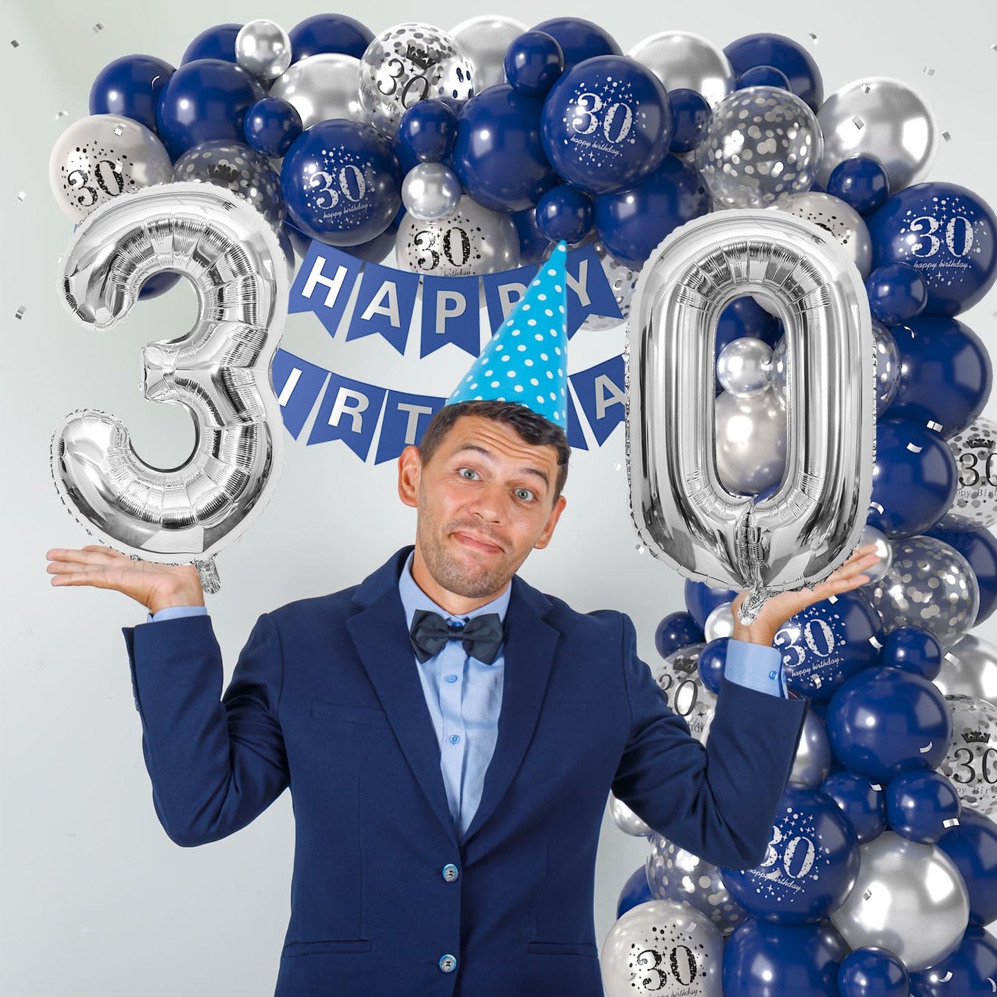 30Th Birthday Decorations Navy Blue Silver,30Th Birthday Balloon Garland Party Decorations With Number 30 Foil Balloons,Happy Bi