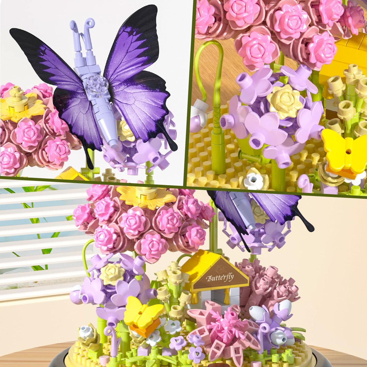 JIUTONG Flower Bouquet Building Set, 582 PCS Plastic Mini Building Blocks for Adults, Butterfly Wildflower Bonzai Toys, Model P1111